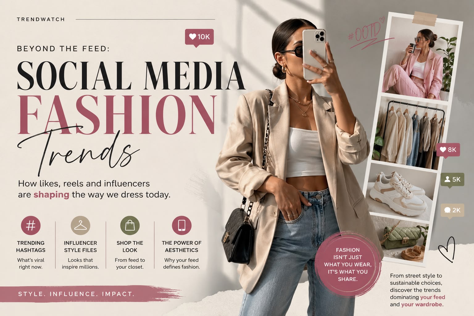 A collage featuring fashion influencers creating content on social media alongside runway models, illustrating how digital platforms shape global fashion trends.