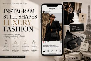 A collage featuring fashion influencers creating content on social media alongside runway models, illustrating how digital platforms shape global fashion trends.