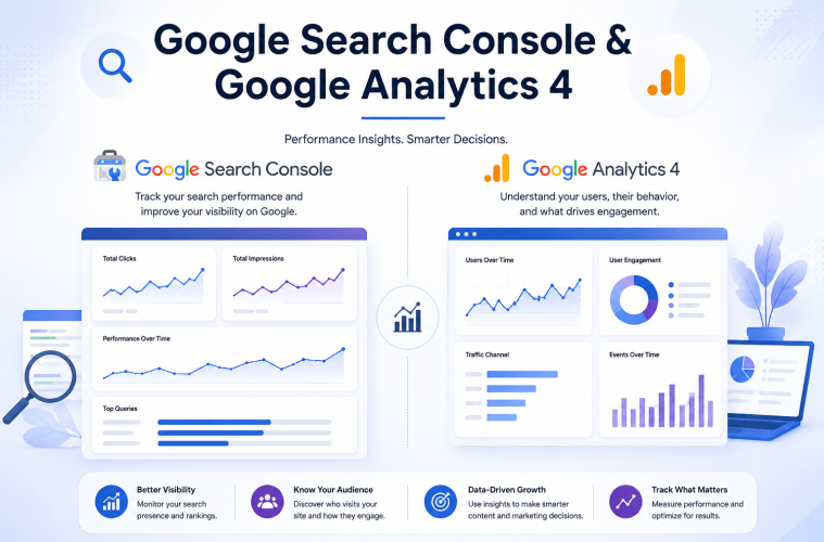 Google Search Console and Google Analytics 4 performance analytics dashboard for HOLR Magazine