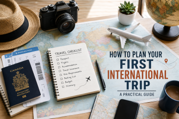 Traveller preparing documents and luggage for a first international trip
