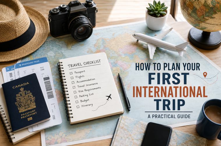 Traveller preparing documents and luggage for a first international trip