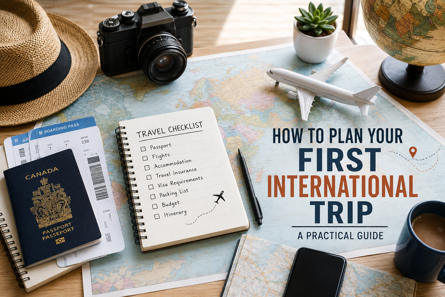 Traveller preparing documents and luggage for a first international trip