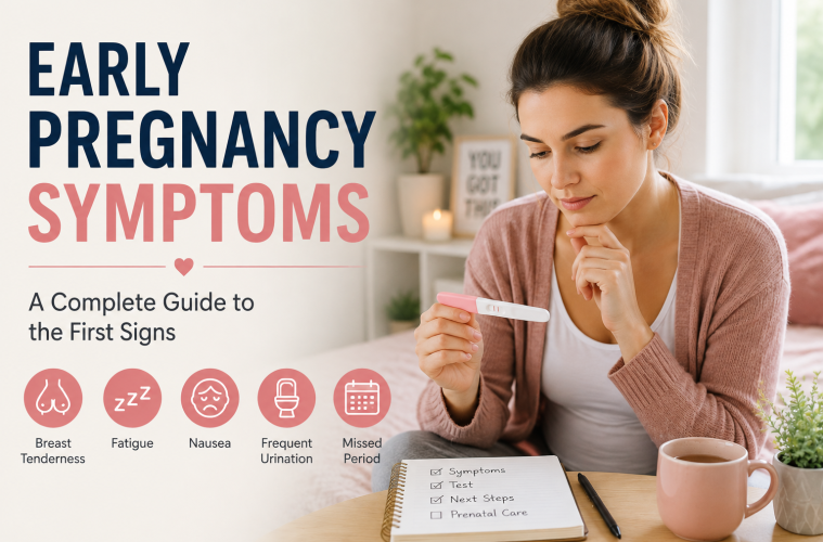 Woman holding a pregnancy test while learning about early pregnancy symptoms