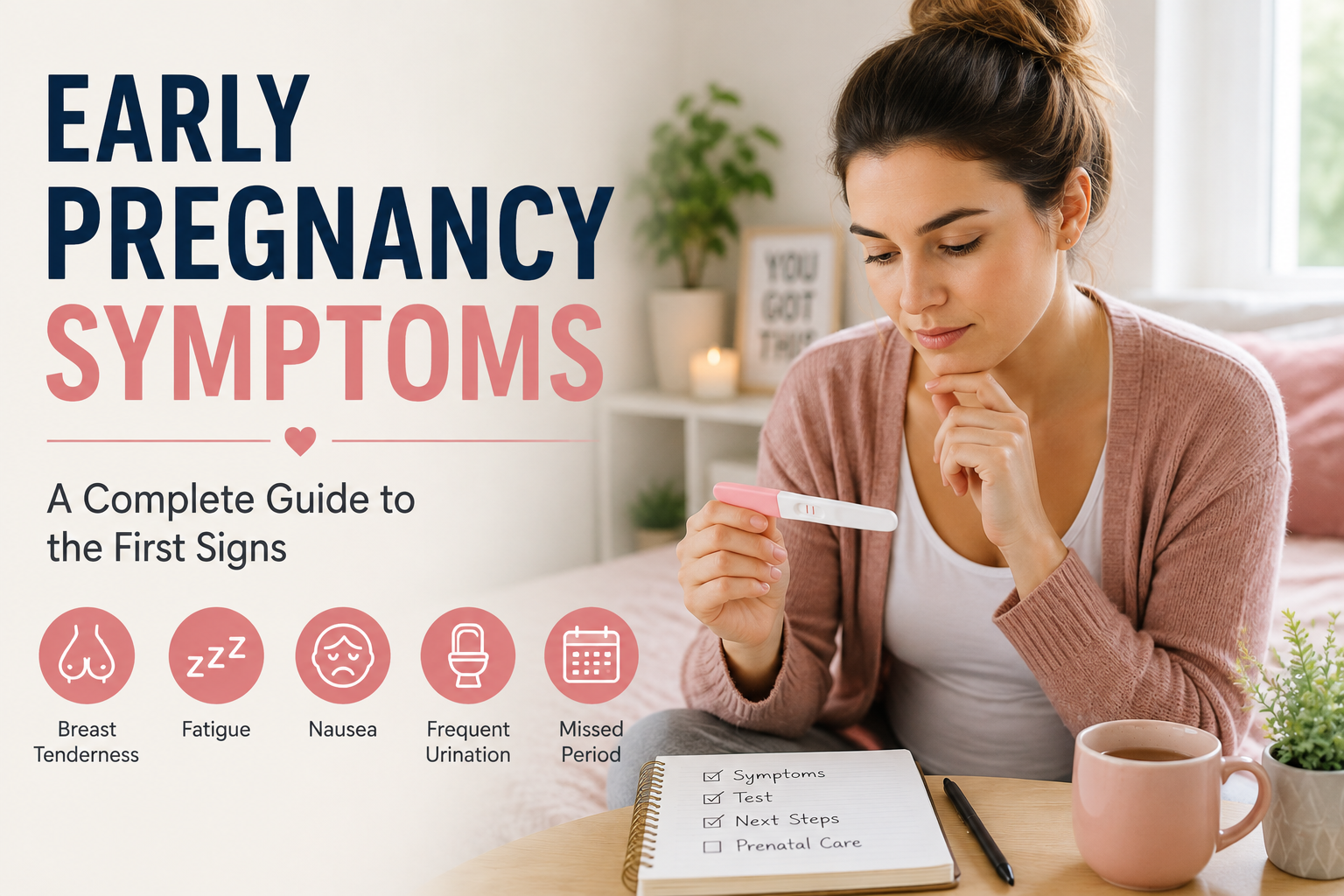 Woman holding a pregnancy test while learning about early pregnancy symptoms