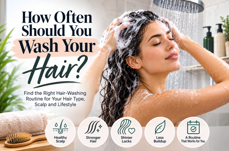 Woman washing her hair in the shower as part of a healthy hair-care routine