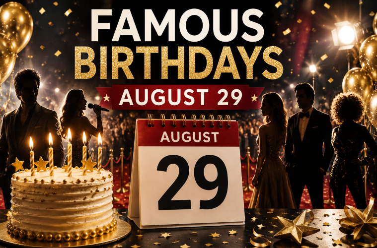 Famous celebrity birthdays celebrated on August 29 with a birthday cake and red-carpet backdrop