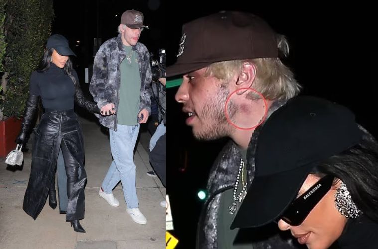Kim Kardashian and Pete Davidson leave a Santa Monica dinner date in 2021 as Davidson appeared to have a mark on his neck.