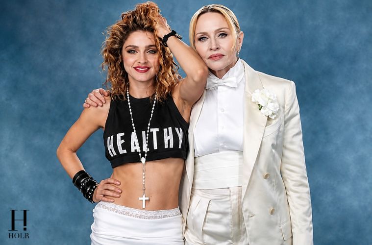 A side-by-side composite featuring young Madonna from the 1980s alongside present-day Madonna, highlighting her transformation over four decades.