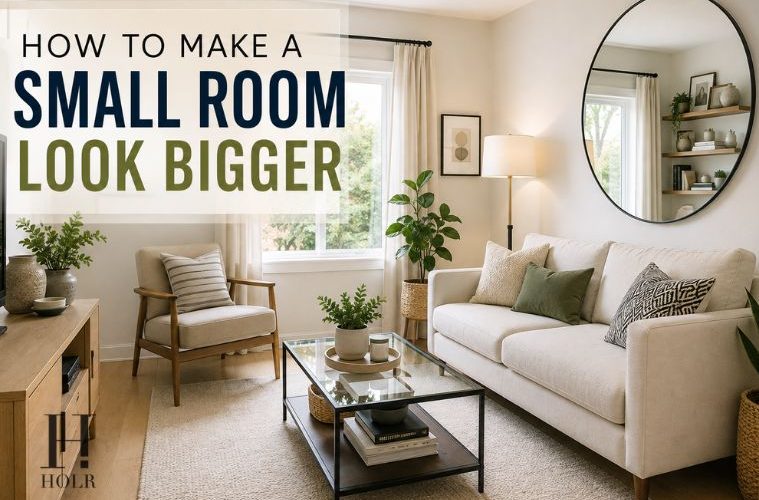Bright and stylish small living room designed to feel more spacious with mirrors, light colours and smart furniture