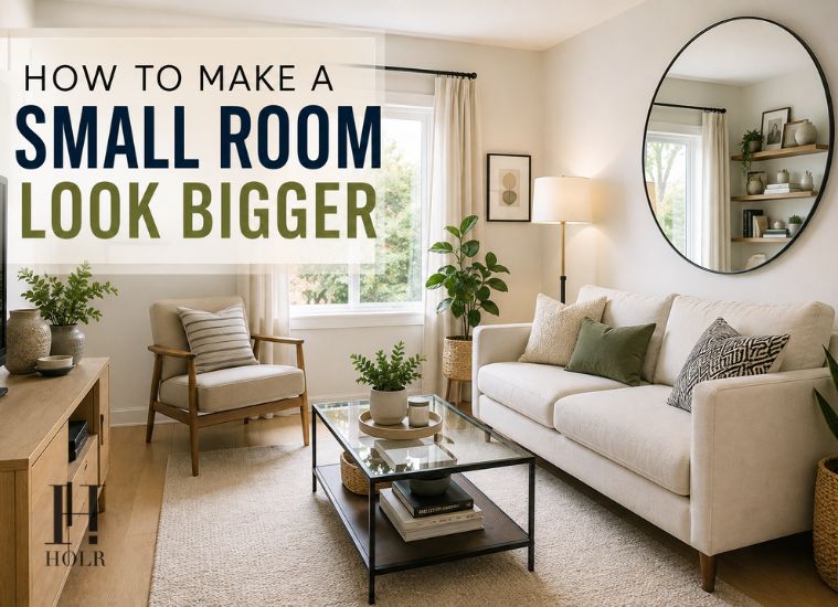 Bright and stylish small living room designed to feel more spacious with mirrors, light colours and smart furniture