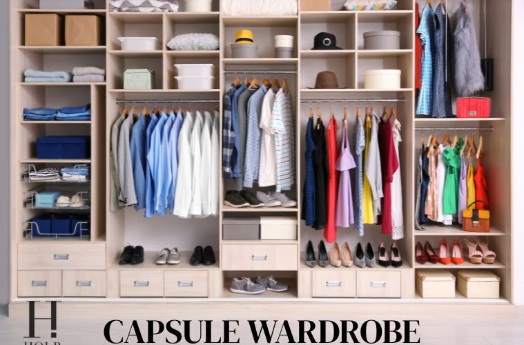 Woman organizing a versatile capsule wardrobe with clothes for every season