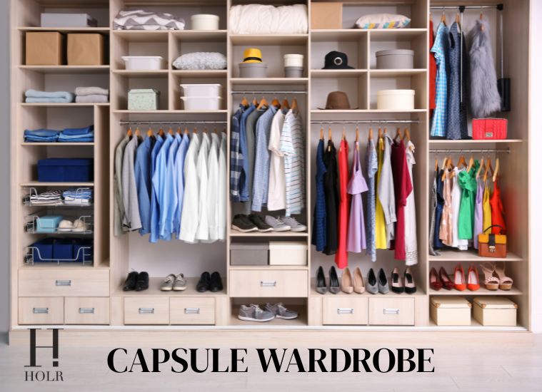 Woman organizing a versatile capsule wardrobe with clothes for every season