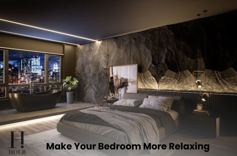 Cozy relaxing bedroom with soft lighting, comfortable bedding and calming décor