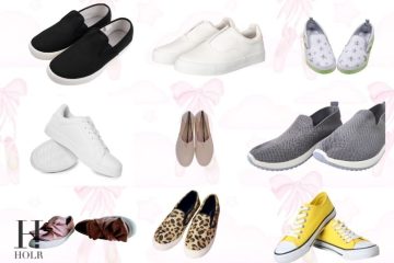 Woman wearing stylish slip-on sneakers while getting ready for a busy morning