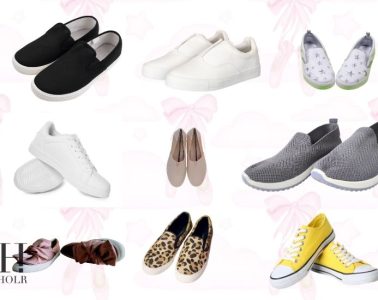 Woman wearing stylish slip-on sneakers while getting ready for a busy morning