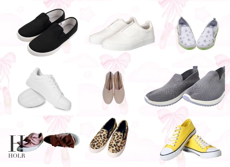Woman wearing stylish slip-on sneakers while getting ready for a busy morning
