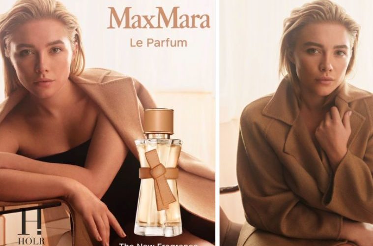 Florence Pugh poses in the campaign as the face of Max Mara Le Parfum, the Italian fashion house’s first fragrance.