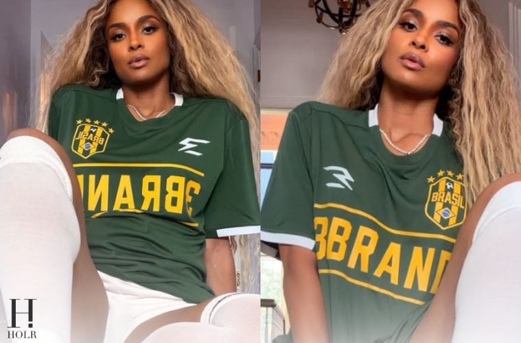 Ciara wears a green Brazil soccer jersey with white thigh-high boots
