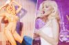 Christina Aguilera wears a glamorous red look and headphones in a retro-inspired photo from her B2B Back to Basics outtakes carousel.