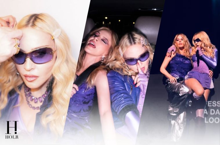 Madonna poses with Kylie Minogue backstage after their surprise performance during WorldPride Amsterdam.