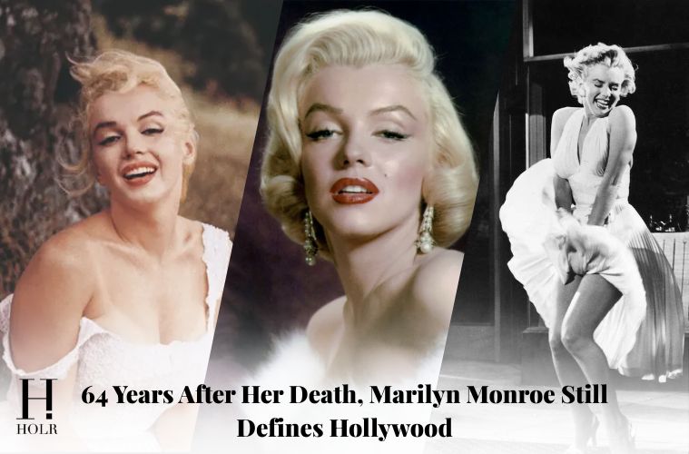 Marilyn Monroe smiles during one of her iconic Hollywood publicity portraits.