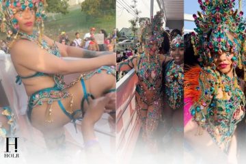 Rihanna celebrates Barbados Crop Over Festival in a colorful Carnival costume alongside fellow artists.