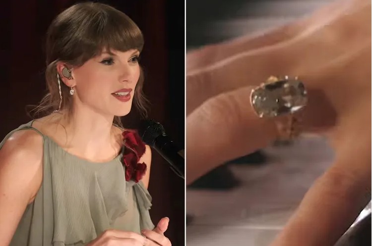 Taylor Swift performs at the Grammy Museum while wearing her engagement ring and new wedding band.