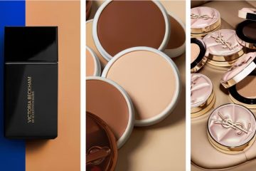 A selection of lightweight foundation formulas including liquid, balm, stick and cushion makeup products.