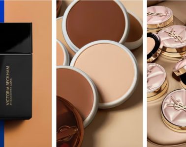 A selection of lightweight foundation formulas including liquid, balm, stick and cushion makeup products.