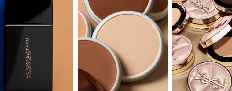 A selection of lightweight foundation formulas including liquid, balm, stick and cushion makeup products.