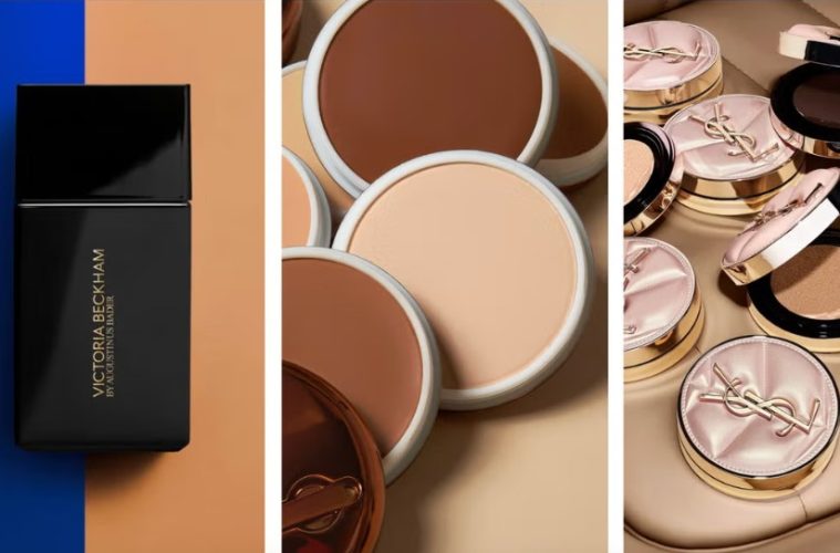 A selection of lightweight foundation formulas including liquid, balm, stick and cushion makeup products.