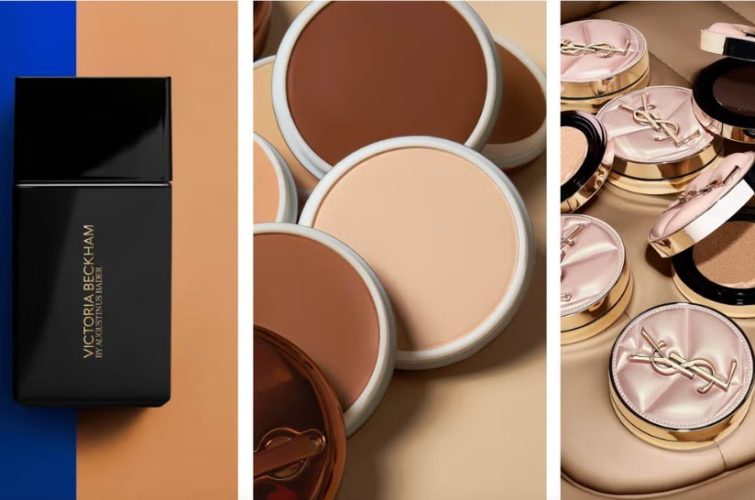 A selection of lightweight foundation formulas including liquid, balm, stick and cushion makeup products.