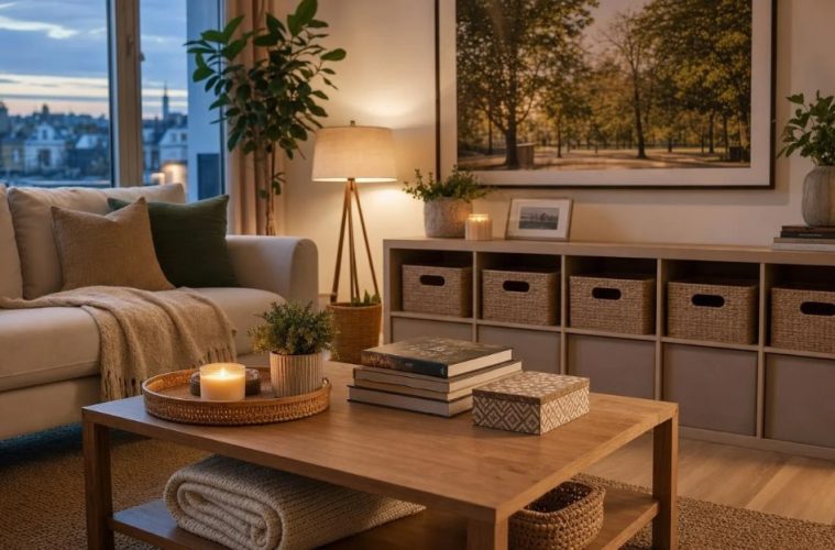 A calm, organized home interior after decluttering key spaces before the fall season.