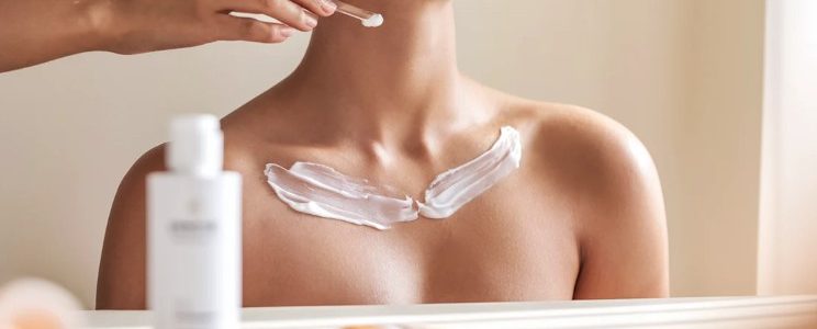 Korean skincare products designed for neck care, including creams, a treatment patch and a lightweight serum spray.