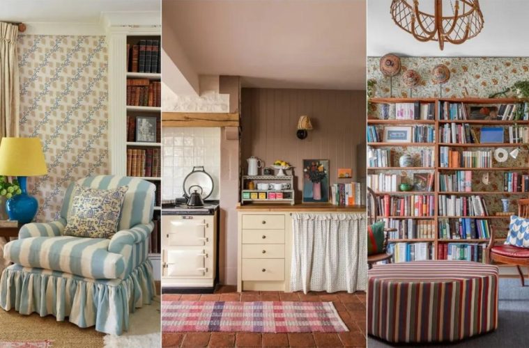 An English cottage-inspired interior featuring floral patterns, natural textures, vintage furniture, and collected decorative details.