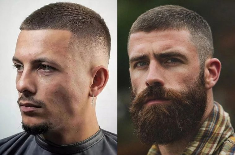 A man gives himself a buzz cut at home using electric hair clippers and a mirror.
