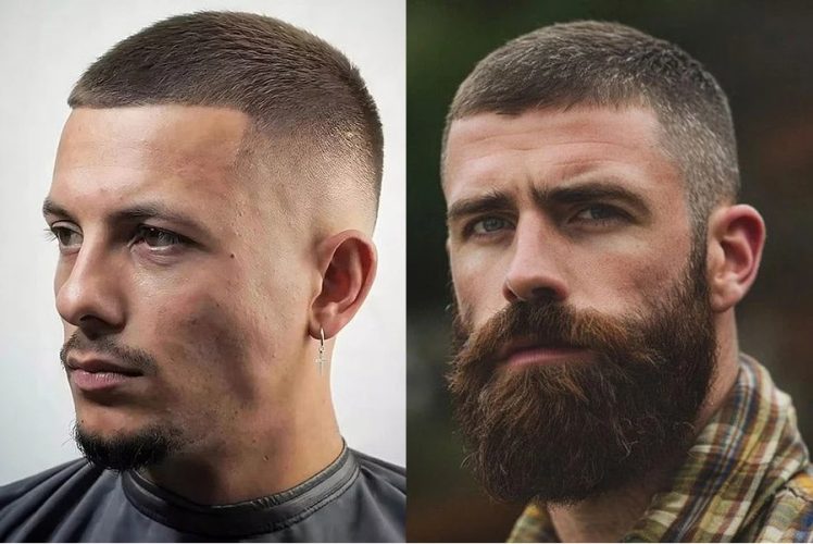 A man gives himself a buzz cut at home using electric hair clippers and a mirror.