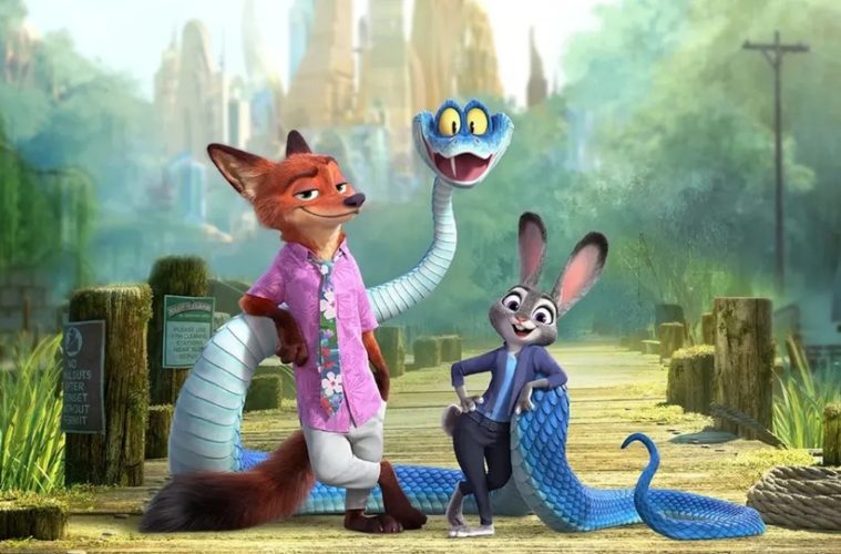 Judy Hopps and Nick Wilde from Disney’s Zootopia franchise in the colorful animal city.