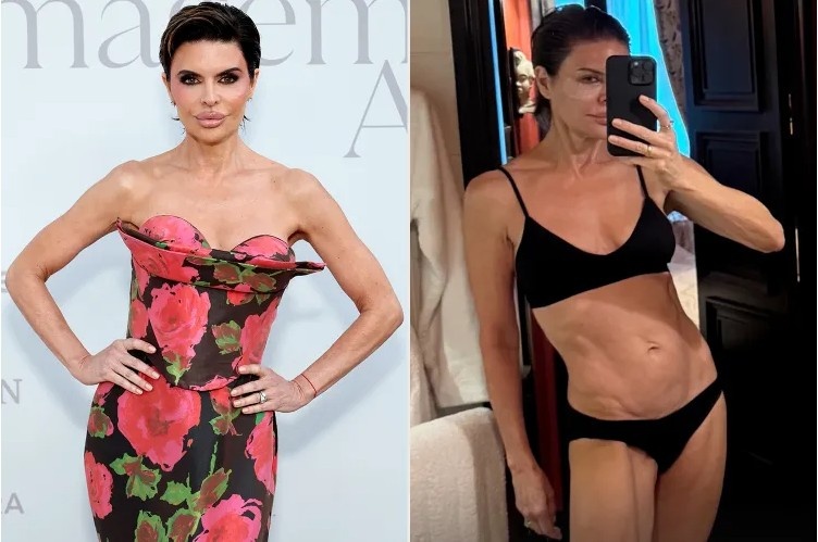 Lisa Rinna poses in a black bikini while sharing an empowering message about strength, confidence, and healthy aging.