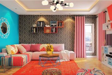 A stylish room featuring a creative DIY painted wall with bold geometric shapes and complementary colors.