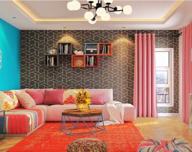A stylish room featuring a creative DIY painted wall with bold geometric shapes and complementary colors.