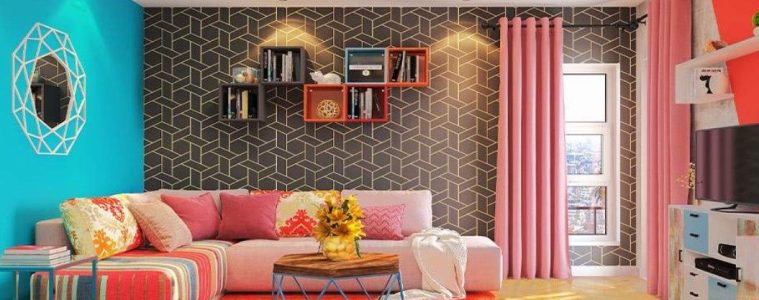 A stylish room featuring a creative DIY painted wall with bold geometric shapes and complementary colors.