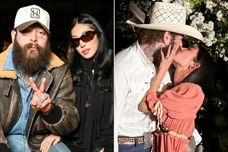 Post Malone and Christy Lee celebrate their engagement as Lee displays her large diamond ring during a gathering with friends.