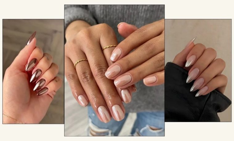A collection of glossy chrome manicures featuring metallic, pearl, colorful and French-tip nail designs.