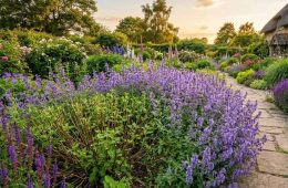 A blooming catmint plant being trimmed after its first flush of flowers to encourage fresh growth and a second round of blooms.