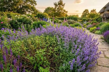 A blooming catmint plant being trimmed after its first flush of flowers to encourage fresh growth and a second round of blooms.