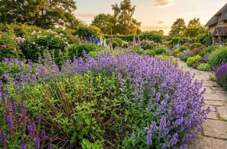 A blooming catmint plant being trimmed after its first flush of flowers to encourage fresh growth and a second round of blooms.