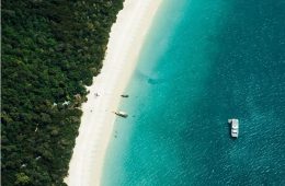 Aerial view of Whitehaven Beach in Australia with brilliant white silica sand and turquoise water.