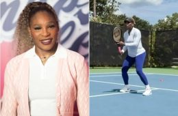 Serena Williams practicing on a tennis court during her return to professional tennis.