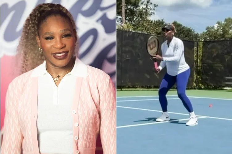Serena Williams practicing on a tennis court during her return to professional tennis.